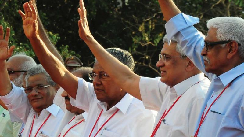 CPM politburo member M.A. Baby, general secretary Sitaram Yechury, state secretary Kodiyeri Balakrishan, Chief Minister Pinarayi Vijayan, politburo members Prakash Karat and A.K. Padmanabhan during the valedictory function of CPM state conference at Thekkinkad maidan in Thrissur on Sunday. (Photo: ANUP K. VENU) CPM politburo member M.A. Baby, general secretary Sitaram Yechury, state secretary Kodiyeri Balakrishan, Chief Minister Pinarayi Vijayan, politburo members Prakash Karat and A.K. Padmanabhan during the valedictory function of CPM state conference at Thekkinkad maidan in Thrissur on Sunday. (Photo: ANUP K. VENU)