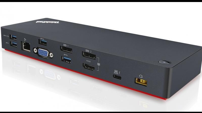 The dock is connected to a 135-watt AC adapter, which provides up to 65W of power to the laptop, and the remainder for powering the accessories. The dock is connected to a 135-watt AC adapter, which provides up to 65W of power to the laptop, and the remainder for powering the accessories.
