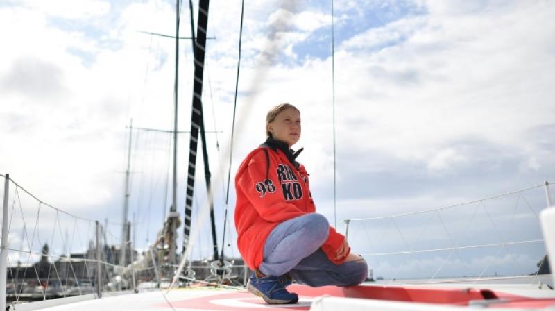 She is heading for a UN summit on a zero-emissions yacht skippered by a member of Monaco's ruling family. (Photo: AFP) She is heading for a UN summit on a zero-emissions yacht skippered by a member of Monaco's ruling family. (Photo: AFP)