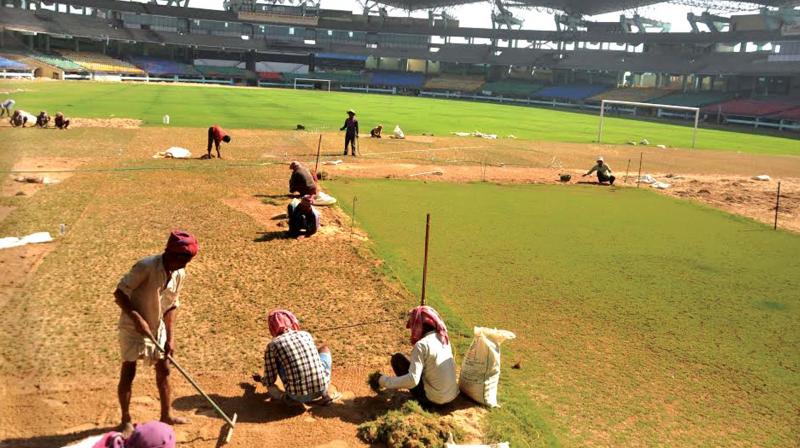 Ground works ahead of U-17 FIFA World Cup to be held in September, in progress at Jawaharlal Nehru International Stadium in Kochi on Friday.(Photo: DC) Ground works ahead of U-17 FIFA World Cup to be held in September, in progress at Jawaharlal Nehru International Stadium in Kochi on Friday.(Photo: DC)