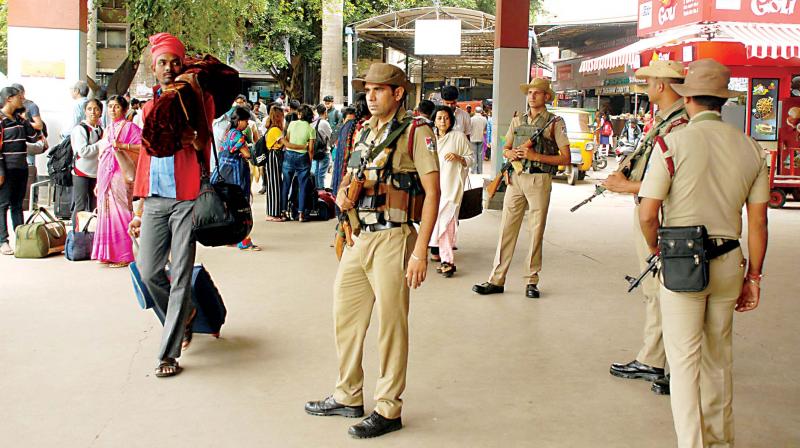 Security beefed up at City Railway station in Bengaluru on Saturday. (Photo: KPN) Security beefed up at City Railway station in Bengaluru on Saturday. (Photo: KPN)