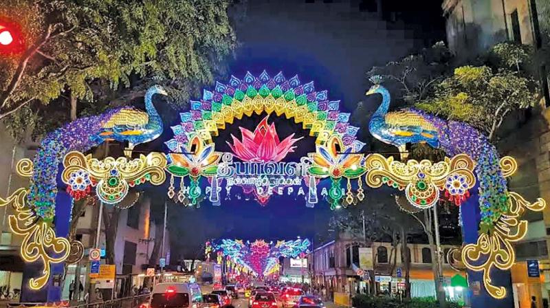 The entrance to Little India lit up with intricately designed lights to welcome the festival of Deepavali. The entrance to Little India lit up with intricately designed lights to welcome the festival of Deepavali.