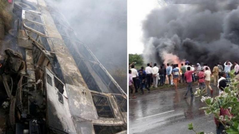 The vehicle toppled while the driver was taking a turn, and immediately caught fire. (Photo: ANI | Twitter) The vehicle toppled while the driver was taking a turn, and immediately caught fire. (Photo: ANI | Twitter)