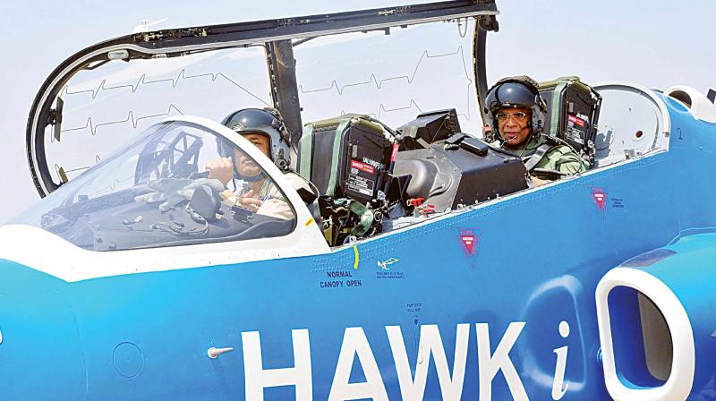 HAL CMD T. Suvarna Raju flew in Hawk-i during the Aero India 2017 at Air Force Station Yelhanka, in Bengaluru on Thursday. (Photo: KPN) HAL CMD T. Suvarna Raju flew in Hawk-i during the Aero India 2017 at Air Force Station Yelhanka, in Bengaluru on Thursday. (Photo: KPN)