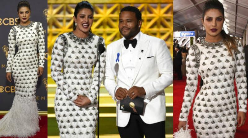 Priyanka Chopra on the Emmy Awards red carpet and while presenting an award with Anthony Anderson. (Photos: AP) Priyanka Chopra on the Emmy Awards red carpet and while presenting an award with Anthony Anderson. (Photos: AP)