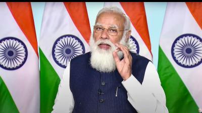 Prime Minister Narendra Modi addresses a webinar on effective implementation of Budget provisions in Defence sector, via video conferencing, in New Delhi, Monday, February 22, 2021. (PTI)