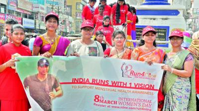 College girls conduct a rally to create awareness  on women health as part of International Women’s Day in Nellore on Friday. (Photo: DC)
