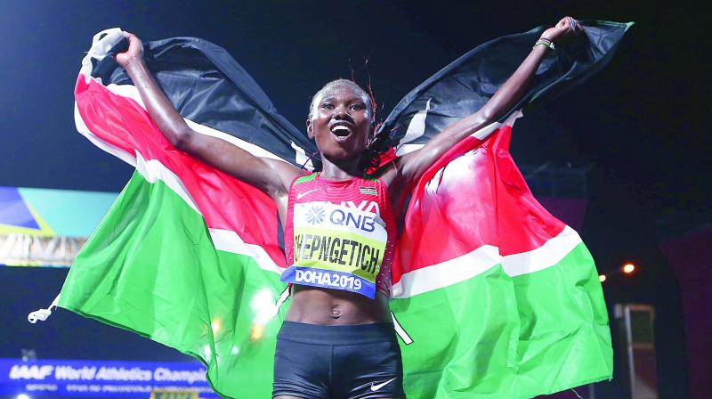 Kenya’s Ruth Chepngetich celebrates after winning the Women’s Marathon in Doha. (Photo: AFP) Kenya’s Ruth Chepngetich celebrates after winning the Women’s Marathon in Doha. (Photo: AFP)
