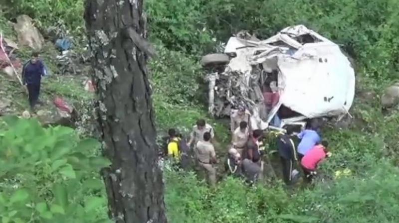 The vehicle fell into the gorge as the driver lost control over it following landslide which brought a heap of debris on the road. (Photo: ANI | Twitter) The vehicle fell into the gorge as the driver lost control over it following landslide which brought a heap of debris on the road. (Photo: ANI | Twitter)