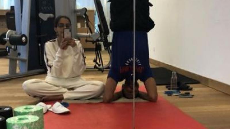 Sonam Kapoor and Anand Ahuja at the gym. Sonam Kapoor and Anand Ahuja at the gym.