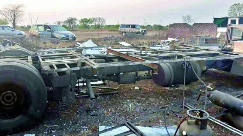Stripped of all other parts, the base of the stolen RTC bus is seen in a yard in Maharashtra on Thursday. (Photo: DC) Stripped of all other parts, the base of the stolen RTC bus is seen in a yard in Maharashtra on Thursday. (Photo: DC)