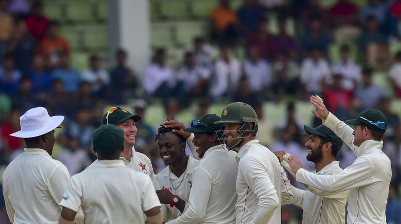 Left-arm spinner Maskadza took the final wicket of the innings, sending Ariful Haque for 38 as Zimbabwe notched their first Test win since beating Pakistan in Harare in 2013. (Photo: AFP) Left-arm spinner Maskadza took the final wicket of the innings, sending Ariful Haque for 38 as Zimbabwe notched their first Test win since beating Pakistan in Harare in 2013. (Photo: AFP)