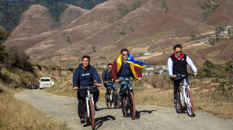 The trio cycled around the hilly terrains in the state to kick-start the second edition of MTB Arunachal Mountain Bicycle Race. (Photo: Twitter | @PemaKhanduBJP) The trio cycled around the hilly terrains in the state to kick-start the second edition of MTB Arunachal Mountain Bicycle Race. (Photo: Twitter | @PemaKhanduBJP)