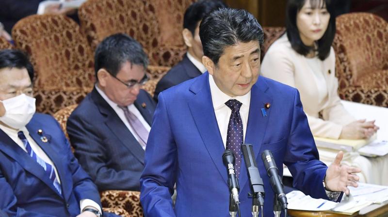 Japanâ's Prime Minister Shinzo Abe speaks at a parliamentary session in Tokyo Monday. AP Photo Japanâ's Prime Minister Shinzo Abe speaks at a parliamentary session in Tokyo Monday. AP Photo