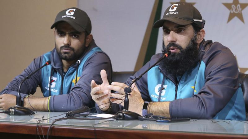Pakistan chief selector Misbah-ul-Haq (R) addresses media with Twenty20 captain Babar Azam at Gaddafi Stadium in Lahore. AP Photo Pakistan chief selector Misbah-ul-Haq (R) addresses media with Twenty20 captain Babar Azam at Gaddafi Stadium in Lahore. AP Photo
