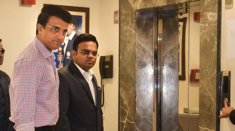 BCCI president Sourav Ganguly and secretary Jay Shah at the BCCI headquarters in Mumbai for a meeting with IPL franchise owners on March 14, 2020. (PTI Photo/Shashank Parade)(PTI14-03-2020_000065B)