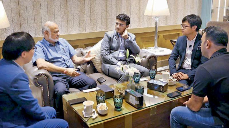 IPL chairman Brijesh Patel and Sourav Ganguly (2nd & 3rd L) discussing with the league sponsors. DC File Photocle Main Published Photo.