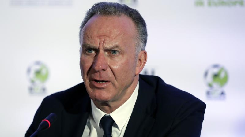 Karl-Heinz Rummenigge speaks during a news conference in Athens, Tuesday, March 28, 2017. Representatives from 155 countries member attended the European Club Associations (ECA) 18th General Assembly in the Greek capital. (AP Photo/Thanassis Stavrakis