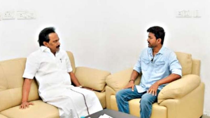 Actor Vijay visited DMK chief M. Karunanidhi at Kauvery Hospital and enquired about his health with party’s working president M.K. Stalin on Wednesday. (Photo: DC) Actor Vijay visited DMK chief M. Karunanidhi at Kauvery Hospital and enquired about his health with party’s working president M.K. Stalin on Wednesday. (Photo: DC)
