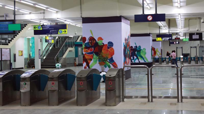 An interior view of the Jawaharlal Nehru Stadium station. An interior view of the Jawaharlal Nehru Stadium station.