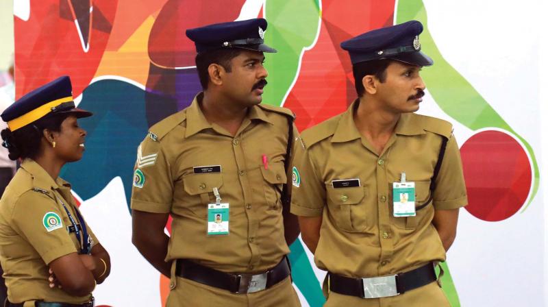 Kochi Metro Special Police personnel deployed at Jawaharlal Neheru Stadium station on Tuesday. (Photo: DC) Kochi Metro Special Police personnel deployed at Jawaharlal Neheru Stadium station on Tuesday. (Photo: DC)