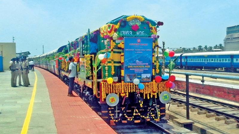 The new express train flagged off by Prime Minister Modi from Ayodhya to Rameswaram on Thursday. (Photo: DC) The new express train flagged off by Prime Minister Modi from Ayodhya to Rameswaram on Thursday. (Photo: DC)