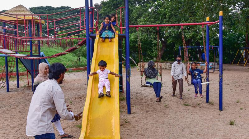 Children playing at a public park after it reopened during unlock 4.0, in Hyderabad. (PTI)