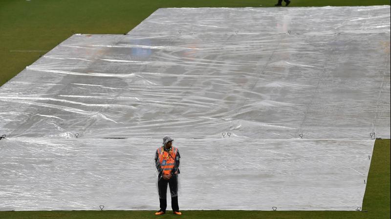 Covers are placed on the field as rain stopped play during the Twenty20 women's World Cup game between Pakistan and Thailand in Sydney on Tuesday. AFP Photo Covers are placed on the field as rain stopped play during the Twenty20 women's World Cup game between Pakistan and Thailand in Sydney on Tuesday. AFP Photo