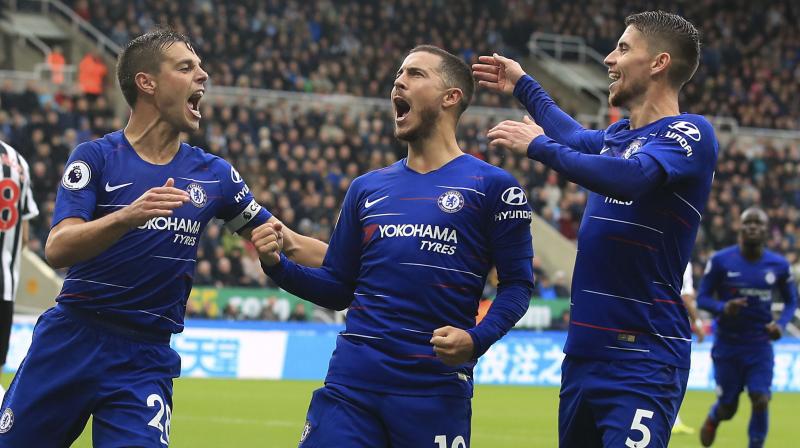 Eden Hazard, making his first start of the season, converted a controversial penalty after Fabian Schar was ruled to have fouled Marcos Alonso. (Photo: AP) Eden Hazard, making his first start of the season, converted a controversial penalty after Fabian Schar was ruled to have fouled Marcos Alonso. (Photo: AP)