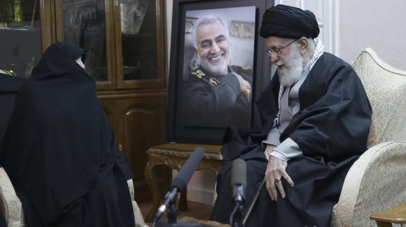 Supreme Leader Ayatollah Ali Khamenei, right, meets family of Iranian Revolutionary Guard Gen. Qassem Soleimani, who was killed in the U.S. airstrike in Iraq, at his home in Tehran, Iran, Friday, Jan. 3, 2020. (Office of the Iranian Supreme Leader via AP)