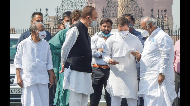 Congress delegation led by Rahul Gandhi calling on President Ramnath Kovind with demands that support the cause of the farmers. (PTI)