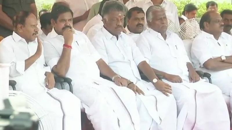 Tamil Nadu Chief Minister Edappadi K Palanisamy, Depurty Chief Minister O Panneerselvam and other leaders at the foundation stone laying ceremony for construction of a memorial for J Jayalalithaa in Chennai. (Photo: Twitter/ANI) Tamil Nadu Chief Minister Edappadi K Palanisamy, Depurty Chief Minister O Panneerselvam and other leaders at the foundation stone laying ceremony for construction of a memorial for J Jayalalithaa in Chennai. (Photo: Twitter/ANI)