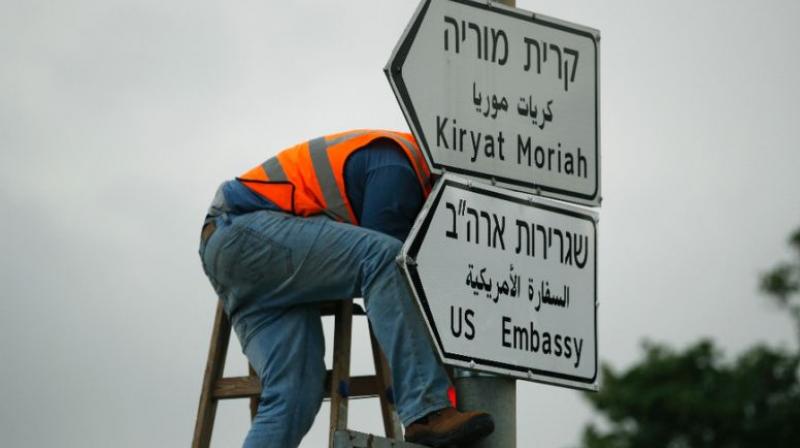 At least three US Embassy road signs went up in Jerusalem on Monday ahead of next week's opening of the mission in accordance with President Donald Trump's recognition of the city as Israel's capital. (Photo: AFP) At least three US Embassy road signs went up in Jerusalem on Monday ahead of next week's opening of the mission in accordance with President Donald Trump's recognition of the city as Israel's capital. (Photo: AFP)