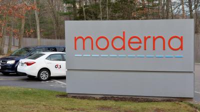 In this file photo taken on December 02, 2020 the Moderna logo is seen at the Moderna campus in Norwood, Massachusetts where the biotechnology company is mass producing its Covid-19 vaccine. (Joseph Prezioso / AFP)