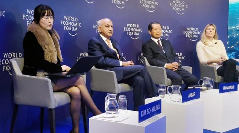 Minister of State for External Affairs M J Akbar along with other officials during a session on nuclear threats at the ongoing World Economic Forum in Davos on Wednesday. (Photo: PTI) Minister of State for External Affairs M J Akbar along with other officials during a session on nuclear threats at the ongoing World Economic Forum in Davos on Wednesday. (Photo: PTI)