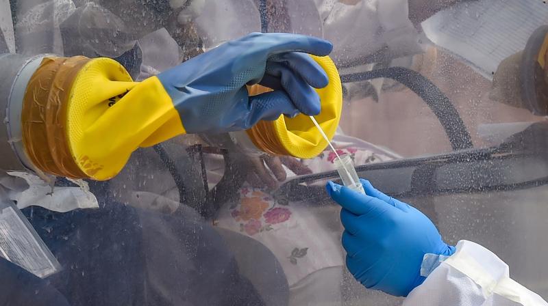 Medics prepare to collect samples for swab tests from a COVID-19 mobile testing van. (PTI)