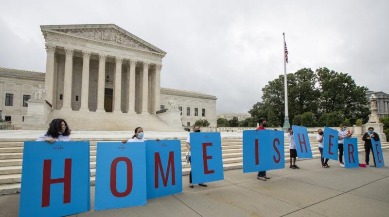 Deferred Action for Childhood Arrivals (DACA) students gather in front of the Supreme Court on Thursday, June 18, 2020, in Washington. (AP)