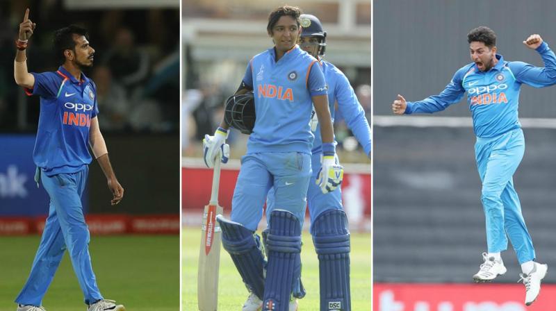 Yuzvendra Chahal (left) Harmanpreet Kaur (centre) and Kuldeep Yadav (right) to get award for their were recognised for their stupendous run in international cricket. (Photo: AP / BCCI) Yuzvendra Chahal (left) Harmanpreet Kaur (centre) and Kuldeep Yadav (right) to get award for their were recognised for their stupendous run in international cricket. (Photo: AP / BCCI)