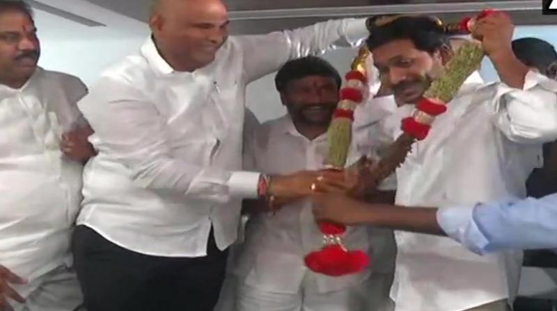 He was felicitated by party members at the legislative party meeting in Amaravati. (Photo: ANI | Twitter) He was felicitated by party members at the legislative party meeting in Amaravati. (Photo: ANI | Twitter)