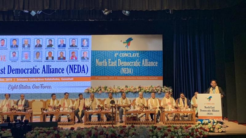 Addressing the fourth conclave of the North East Democratic Alliance (NEDA) here in the presence of Shah, Sangma questioned whether the Centre will bypass discussions with the states before reintroducing the bill. (Photo: Twitter | @SangmaConrad) Addressing the fourth conclave of the North East Democratic Alliance (NEDA) here in the presence of Shah, Sangma questioned whether the Centre will bypass discussions with the states before reintroducing the bill. (Photo: Twitter | @SangmaConrad)
