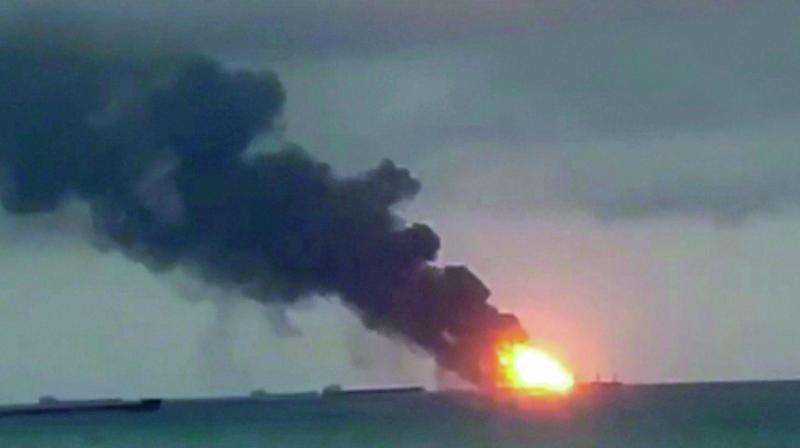 A video grab by the Kerch.fm web portal shows the two vessels, the Maestro and the Candiy, on fire near the Kerch Strait linking the Black Sea and the Sea of Azov, in Kerch, Crimea, on Monday. (Photo: AP) A video grab by the Kerch.fm web portal shows the two vessels, the Maestro and the Candiy, on fire near the Kerch Strait linking the Black Sea and the Sea of Azov, in Kerch, Crimea, on Monday. (Photo: AP)
