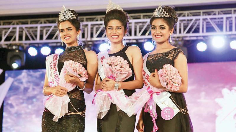 Bavithra (middle) at the Miss South India 2017 beauty pageant. Bavithra (middle) at the Miss South India 2017 beauty pageant.