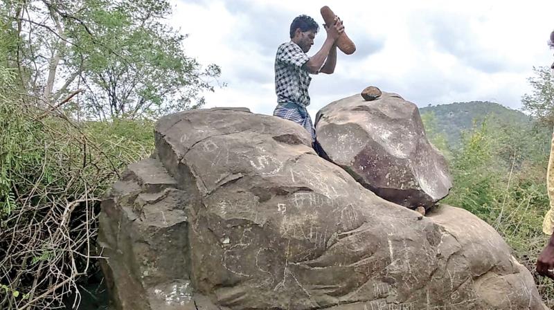 The acoustic stone in the remote fringe village of Millithikki, located inside the reserved forest area. (Photo:DC) The acoustic stone in the remote fringe village of Millithikki, located inside the reserved forest area. (Photo:DC)