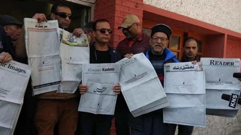 As a mark of protest, the leading dailies -- both English and Urdu -- printed a blank front page on Sunday. (Photo: Instagram | roufpampori) As a mark of protest, the leading dailies -- both English and Urdu -- printed a blank front page on Sunday. (Photo: Instagram | roufpampori)