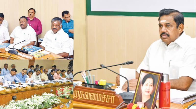 Chief Minister Edappadi K Palaniswami addresses the meeting with district collectors at the secretariat in Chennai on Thursday. Deputy CM O Paneerselvam, other ministers and top officials are also seen. Chief Minister Edappadi K Palaniswami addresses the meeting with district collectors at the secretariat in Chennai on Thursday. Deputy CM O Paneerselvam, other ministers and top officials are also seen.
