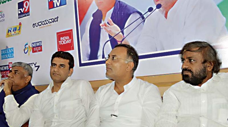 KPCC president Dinesh Gundurao with working president Eshwar Khandre and MLC Rizwan Arshad at the inauguration of the Media Lounge for media persons in Bengaluru on Wednesday (Image DC) KPCC president Dinesh Gundurao with working president Eshwar Khandre and MLC Rizwan Arshad at the inauguration of the Media Lounge for media persons in Bengaluru on Wednesday (Image DC)