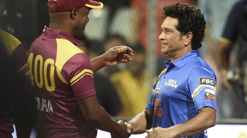 West Indies Legends captain Brian Lara and India Legends captain Sachin Tendulkar after the Road Safety World Series T20 match between the two countries at Wankhede Stadium in Mumbai last Saturday, PTI  Photo