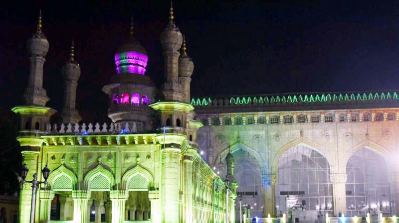 Mecca Masjid is illuminated for Milad-un-Nabi, the birthday of Prophet Muhammad, which is to be celebrated on Saturday in the city. (Photo: DC) Mecca Masjid is illuminated for Milad-un-Nabi, the birthday of Prophet Muhammad, which is to be celebrated on Saturday in the city. (Photo: DC)