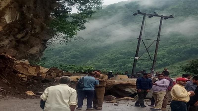 NH-3 blocked due to landslide near Mandi. (Photo: ANI) NH-3 blocked due to landslide near Mandi. (Photo: ANI)