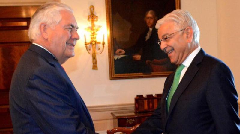 Pakistan FM Khawaja Asif meets US Secretary of State Rex Tillerson in Washington on Thursday (Photo: Twitter) Pakistan FM Khawaja Asif meets US Secretary of State Rex Tillerson in Washington on Thursday (Photo: Twitter)